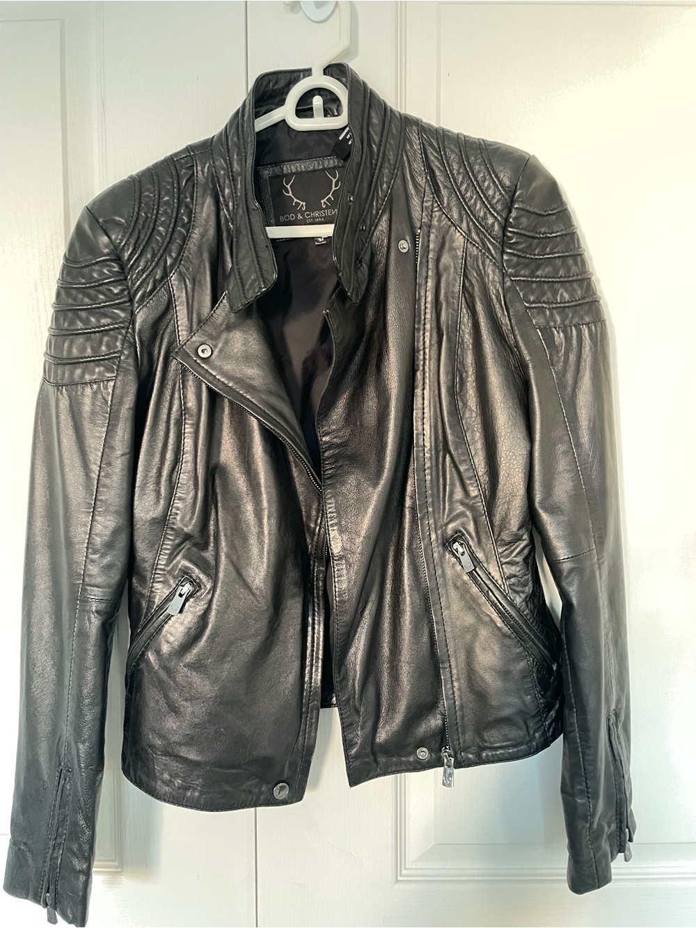Black Leather Quilted-Shoulder Moto Jacket by BOD & CHRISTEL